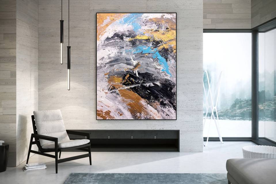 Gold Hand-painted Leaf Abstract Canvas Artwork for Office Y0GW6
